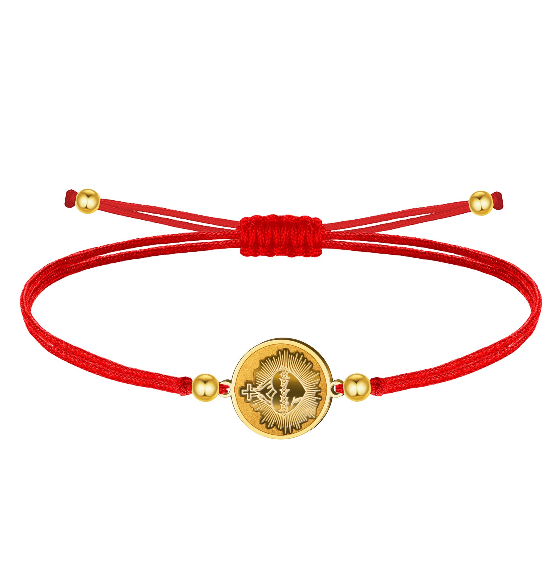 Pulsera roja con medalla dorada del Sagrado Corazón de Jesús