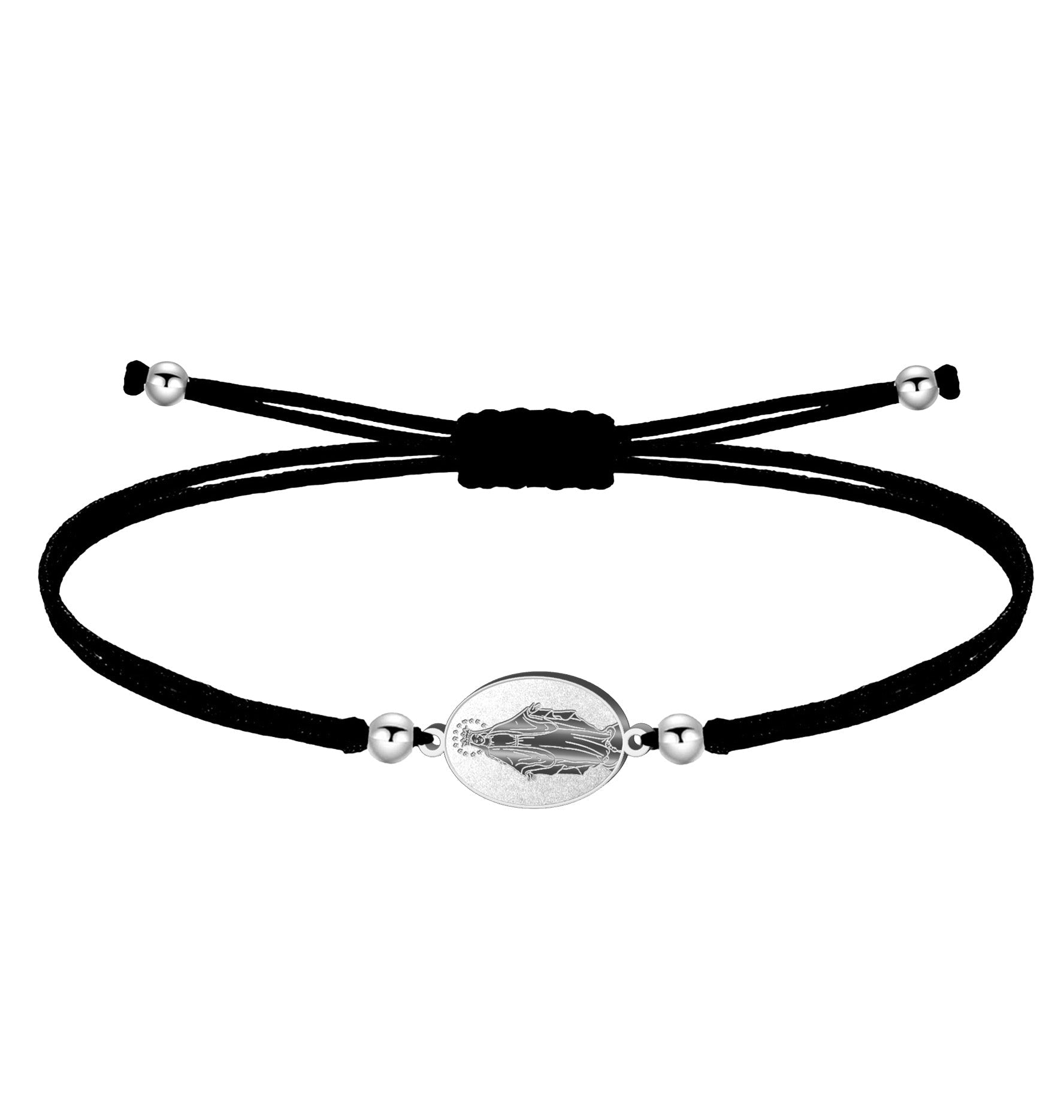 Pulsera Medalla de Virgen de la Milagrosa con Hilo Negro en Acero Plateado