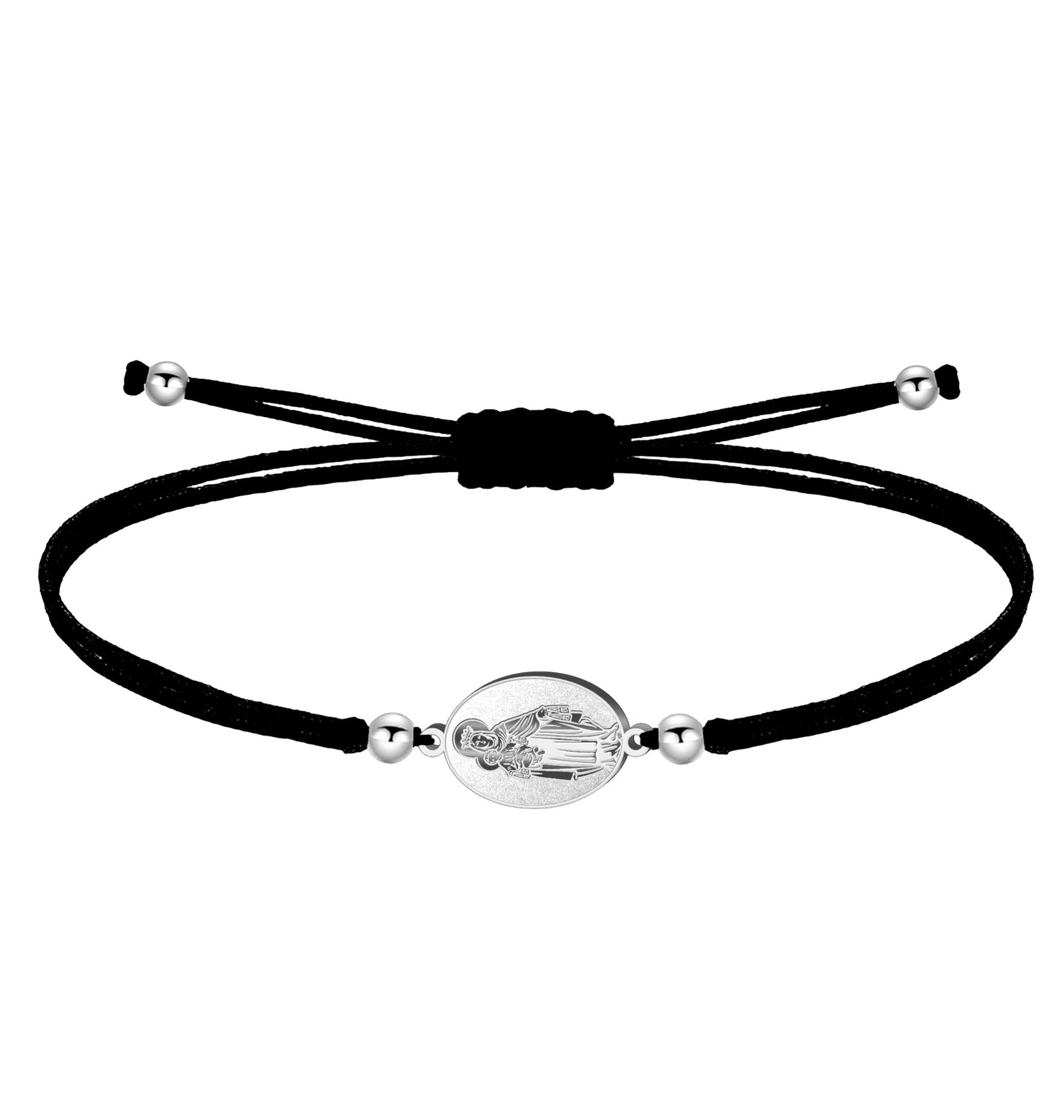 Pulsera Medalla de Virgen del Carmen con Hilo Negro en Acero Plateado