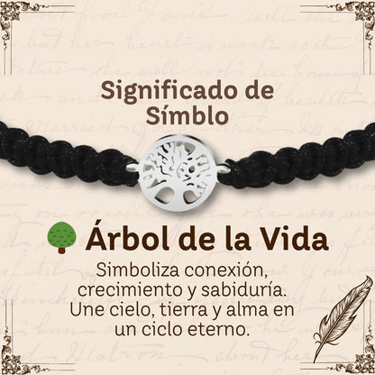 Pulsera Hilo Destino Negro-Arbol de Vida Plateado