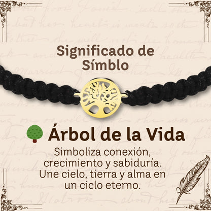 Pulsera Hilo Destino Negro-Arbol de Vida Dorado