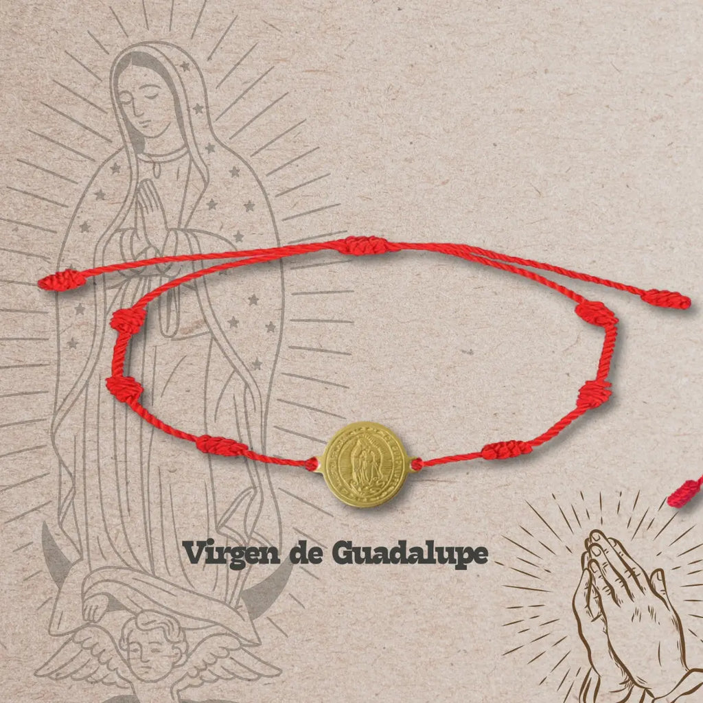 Pulsera 7 nudos roja con medalla virgen de guadalupe acero dorado amuleto contra mal de ojo y envidia proteccion mexicana
