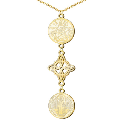 Collar Tetragramatón con Nudo de Bruja y Medalla de San Benito, Acero Inoxidable✨ Amuleto de Protección y Energía Positiva en Acero Inoxidable