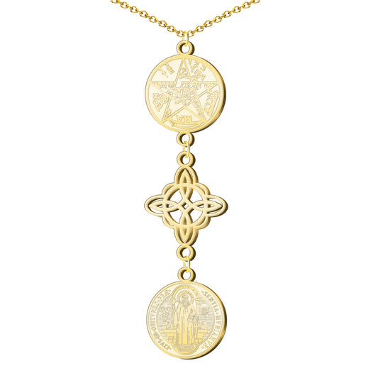 Collar Tetragramatón con Nudo de Bruja y Medalla de San Benito, Acero Inoxidable✨ Amuleto de Protección y Energía Positiva en Acero Inoxidable