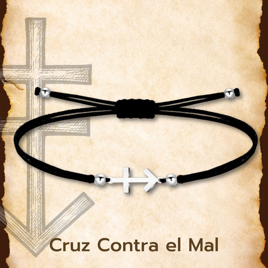 Pulsera Cruz contra el Mal Plateado de Hilo En.Negro