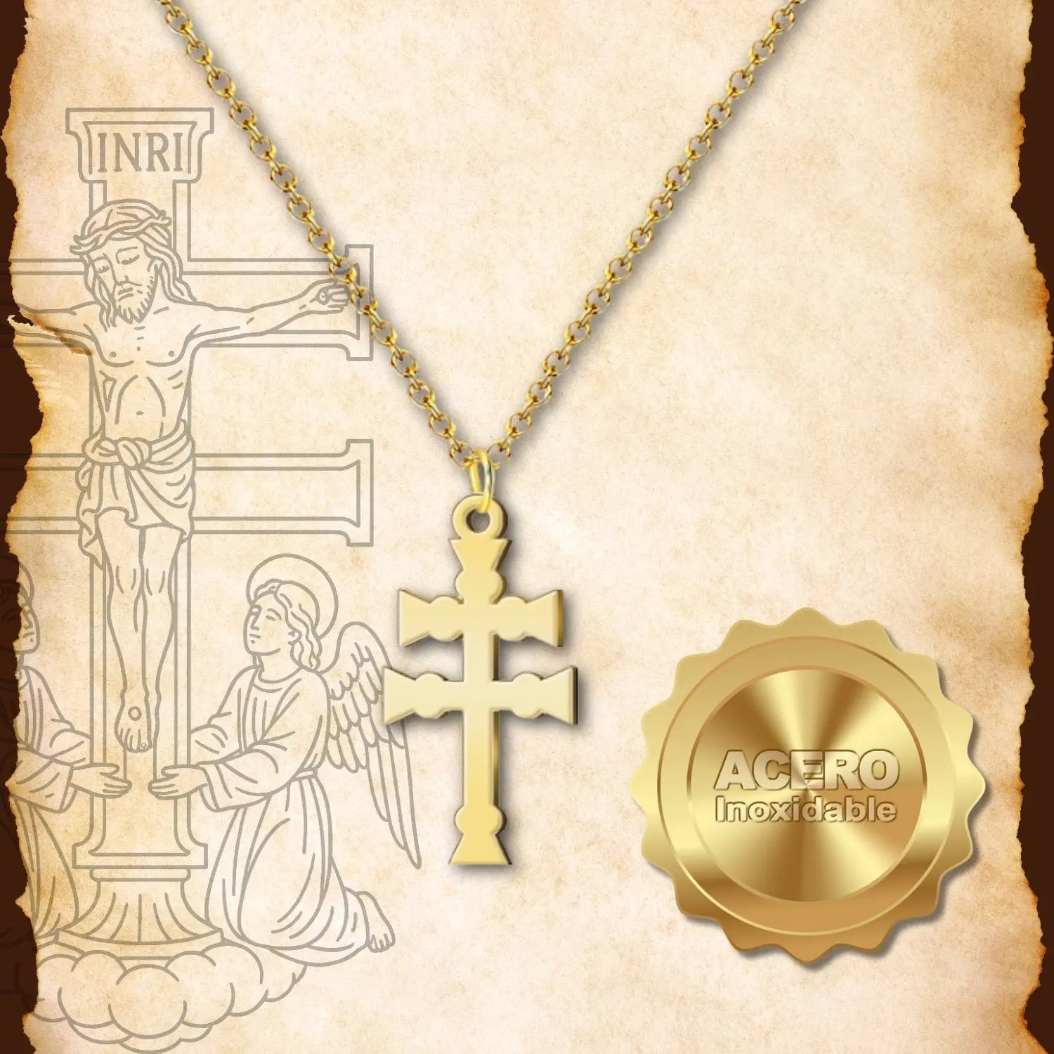 Collar Cruz de Caravaca en Acero Dorado - cotigo