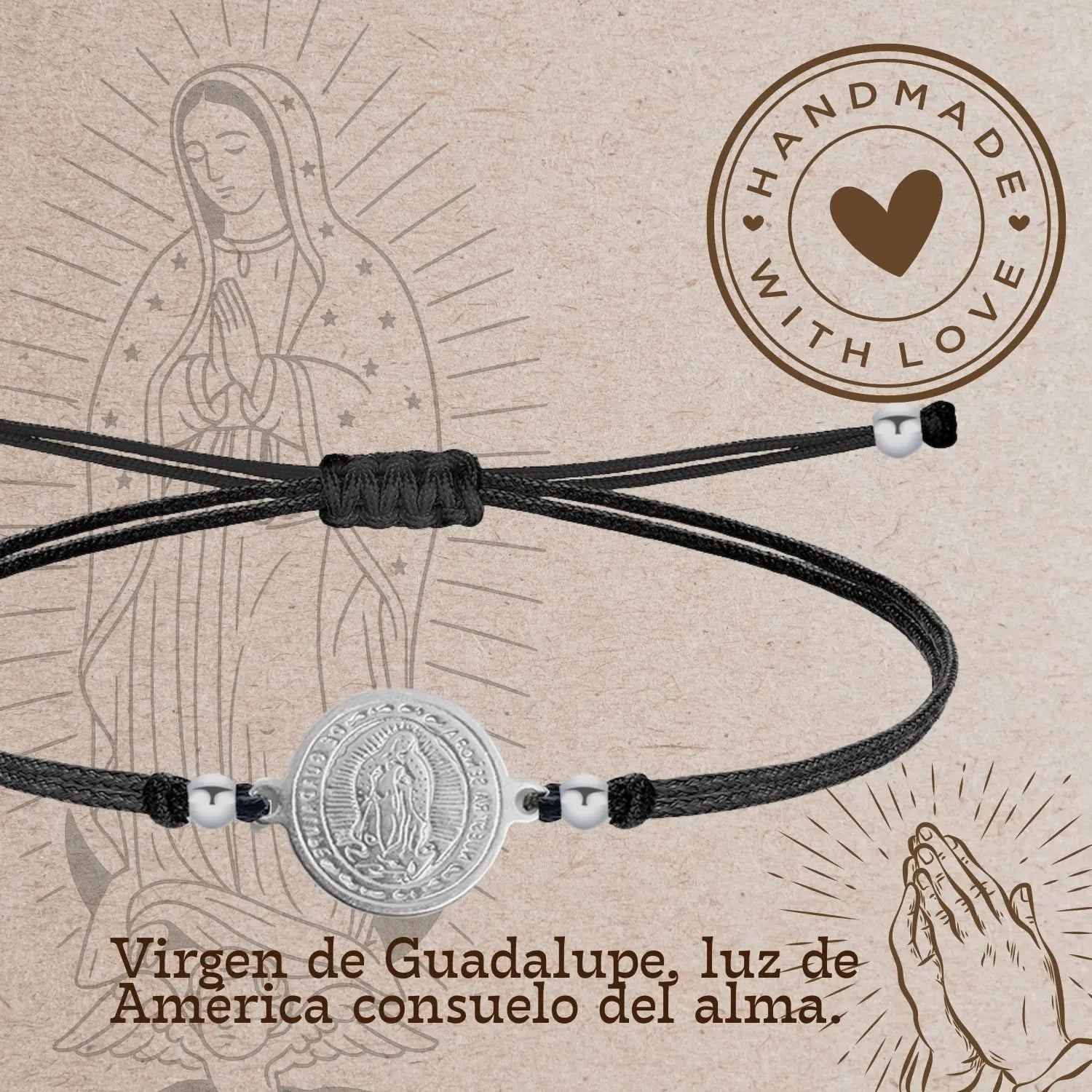 Pulsera Medalla de Virgen de Guadalupe con Hilo Negro en Acero Plateado detalle