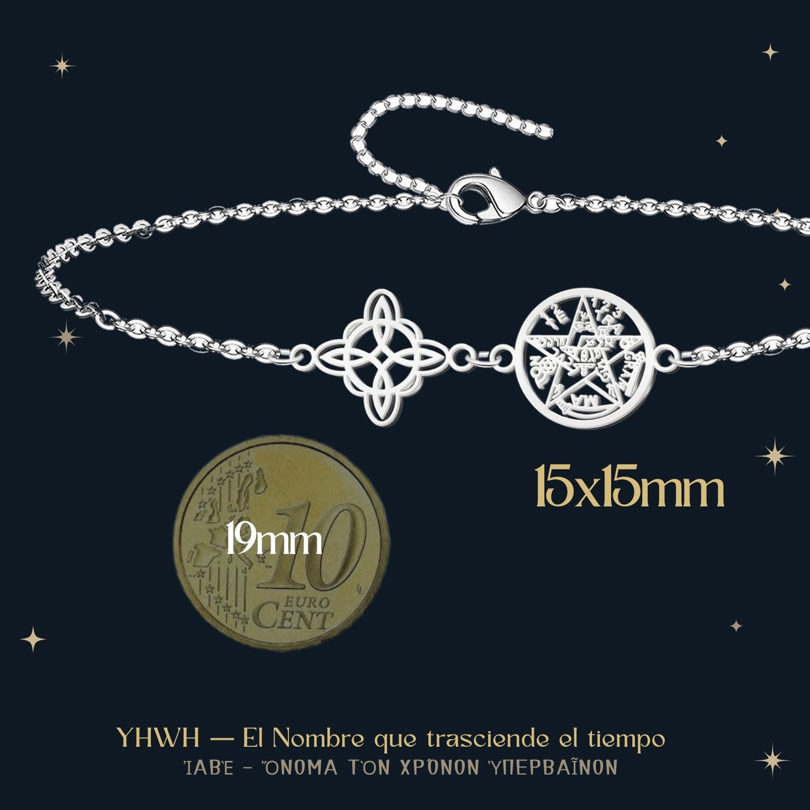 Pulsera Doble Protección: Nudo de Bruja, Tetragrámaton en Acero acabado
