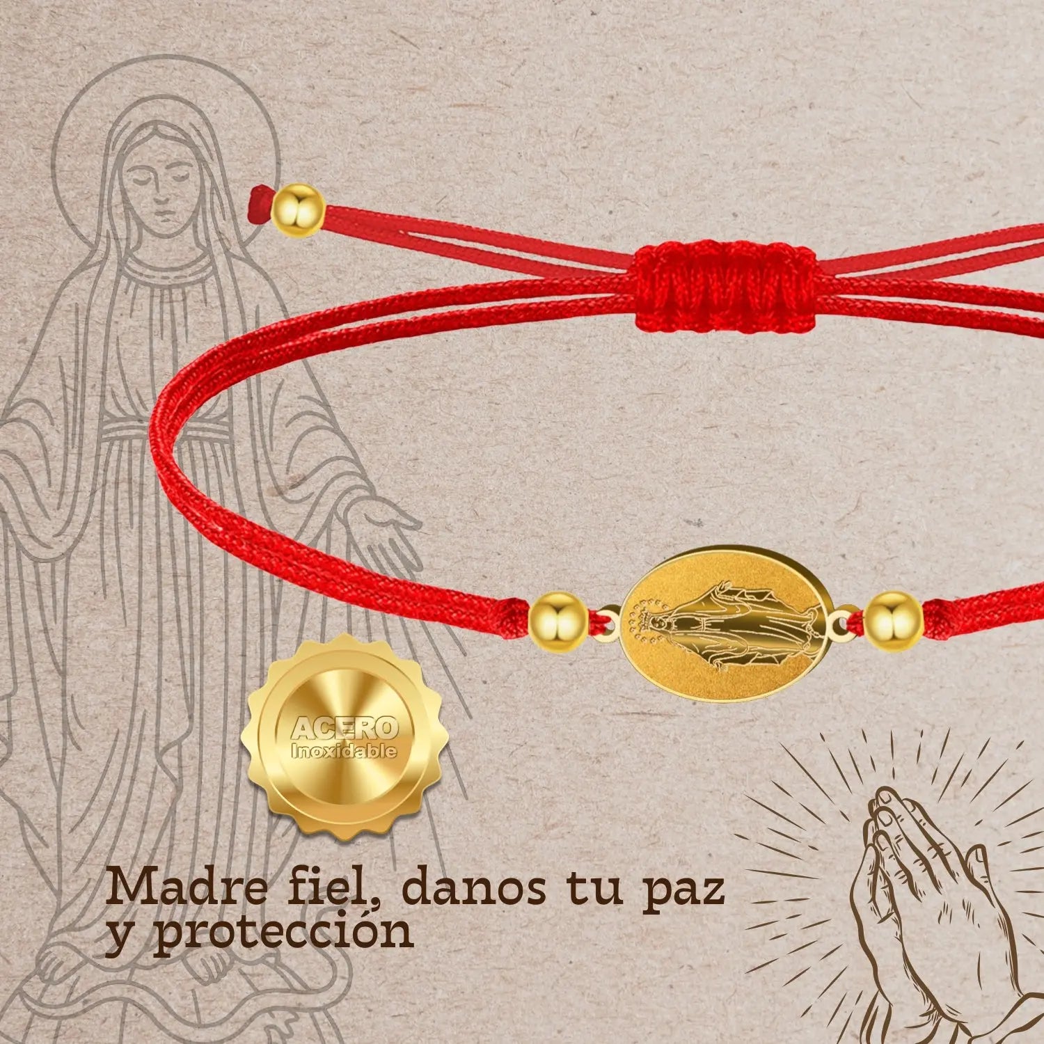 Pulsera Medalla de Virgen de la Milagrosa con Hilo Rojo en Acero Dorado detalle