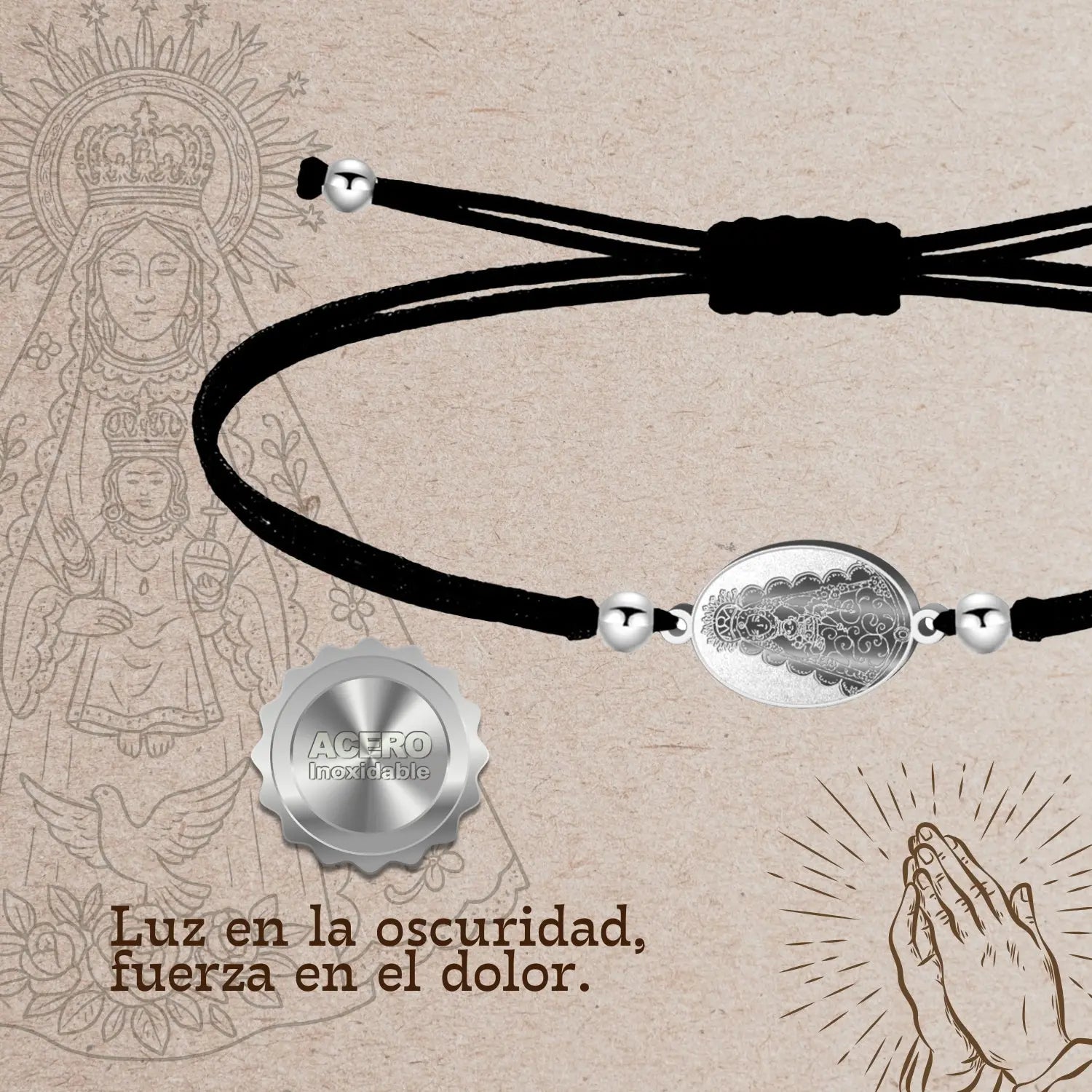 Pulsera Medalla de Virgen del Rocío con Hilo Negro en Acero Plateado detalle
