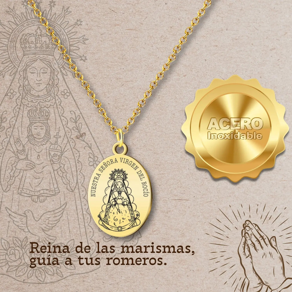 Colgante Medalla Virgen del Rocío Acero Dorado - cotigo