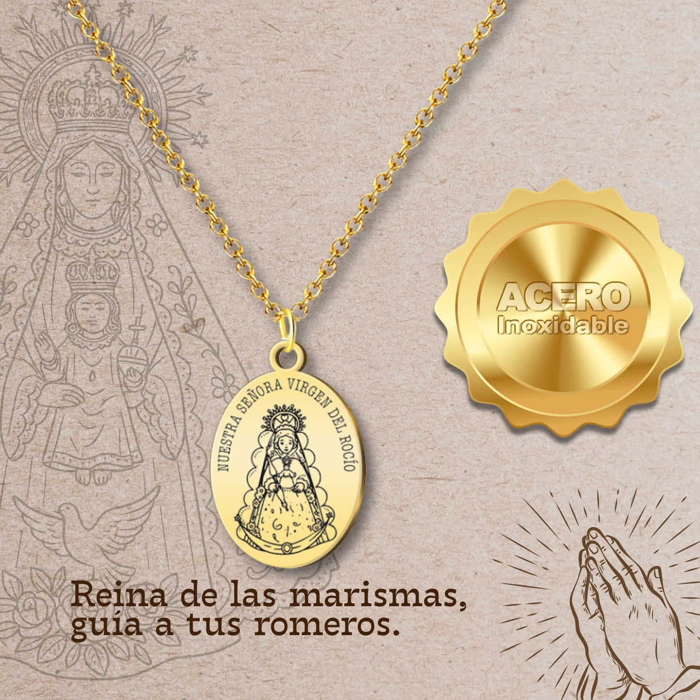 Colgante Virgen del Rocío Acero Dorado