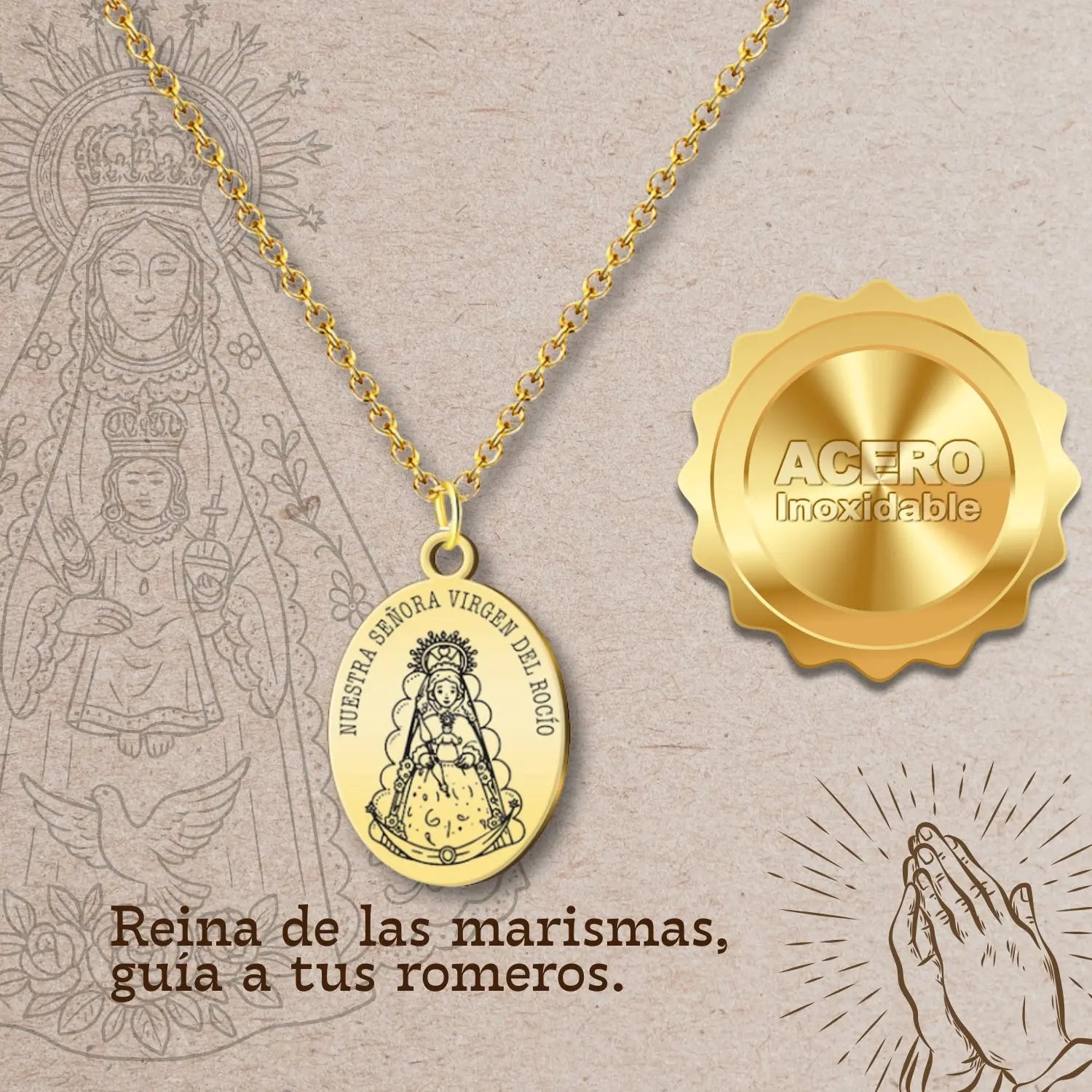 Colgante Medalla Virgen del Rocío Acero Dorado - cotigo