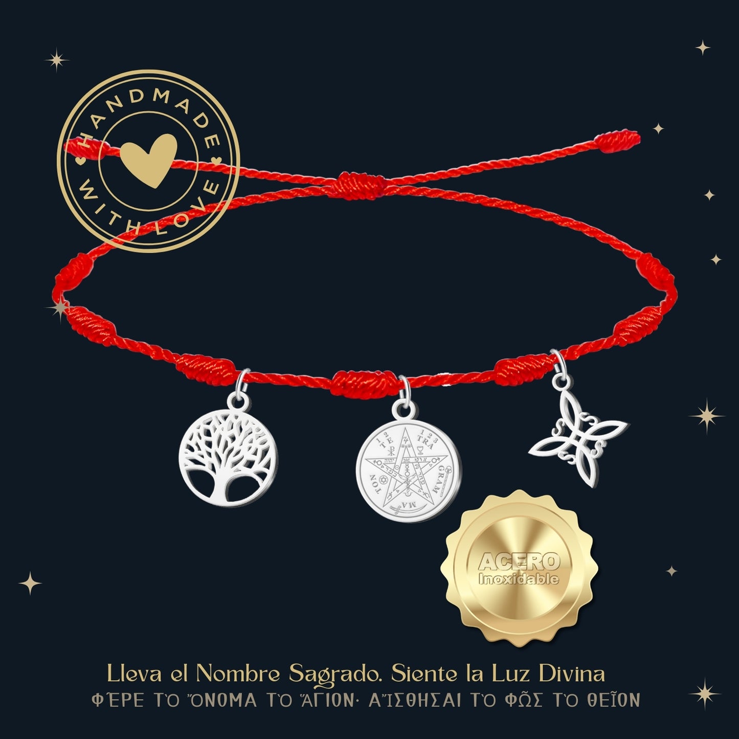 Pulsera 7 nudos con Nudo de Bruja y Tetragramatón, y Árbol de la Vida Plateado Acero Inoxidable
