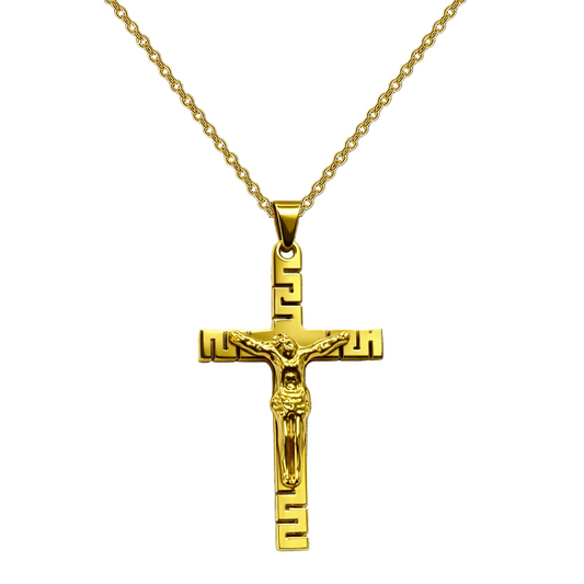 Collar Cruz con Jesús crucificado en Acero Dorado