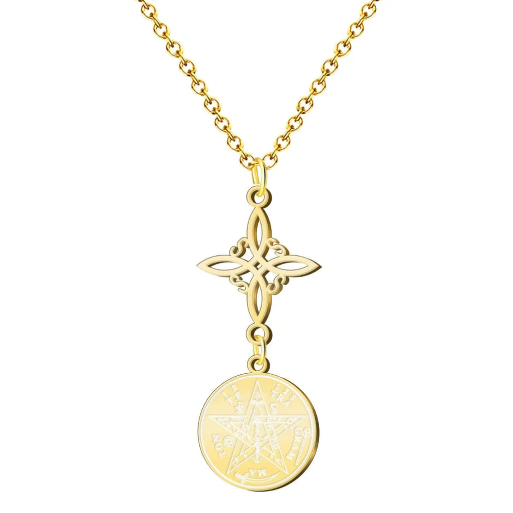 Collar de acero dorado con doble colgante: Nudo de Bruja y Medalla sólida de Tetragrammatón. Joyería de protección y abundancia.