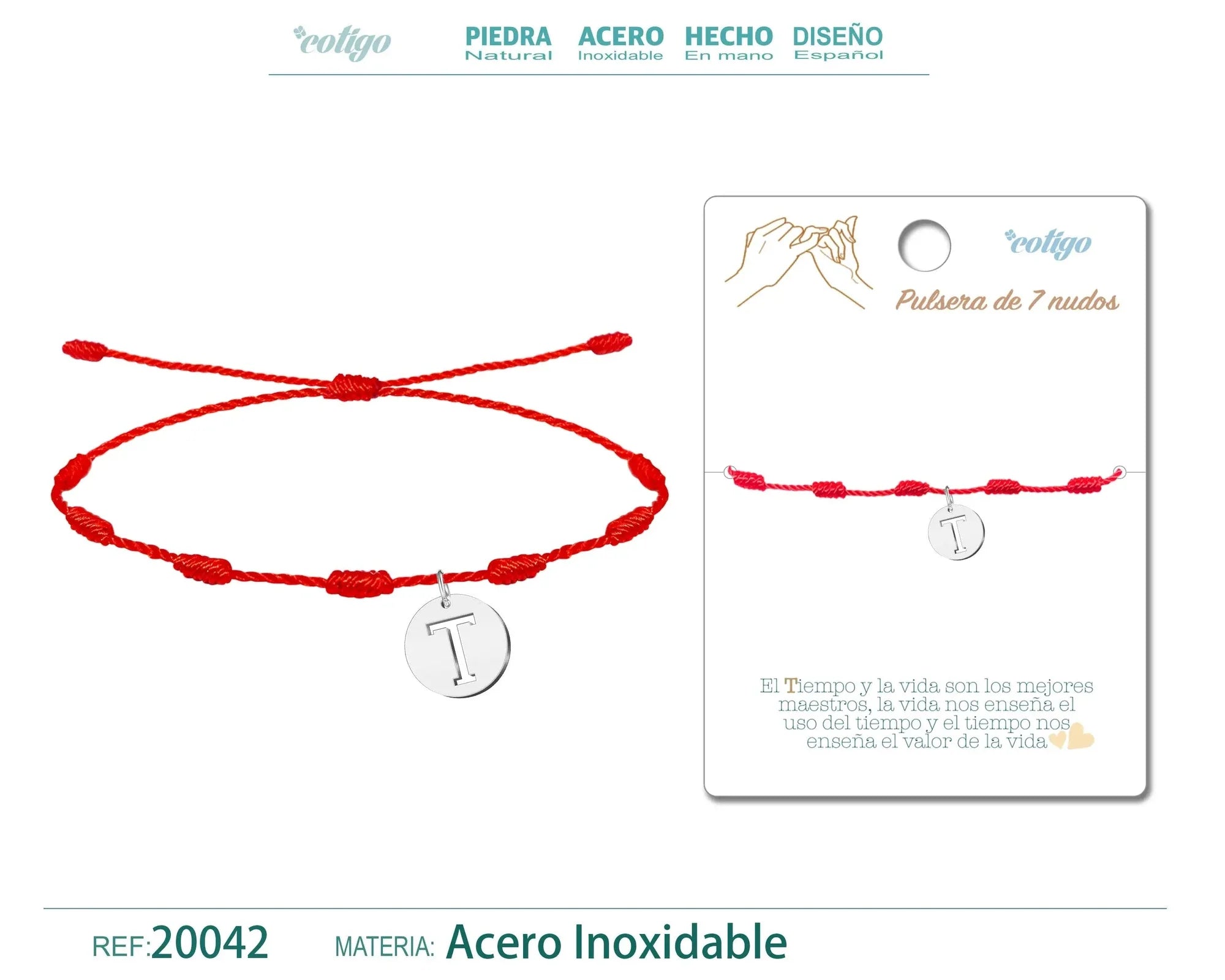 Pulsera 7 Nudos con Letra T Color Plateado