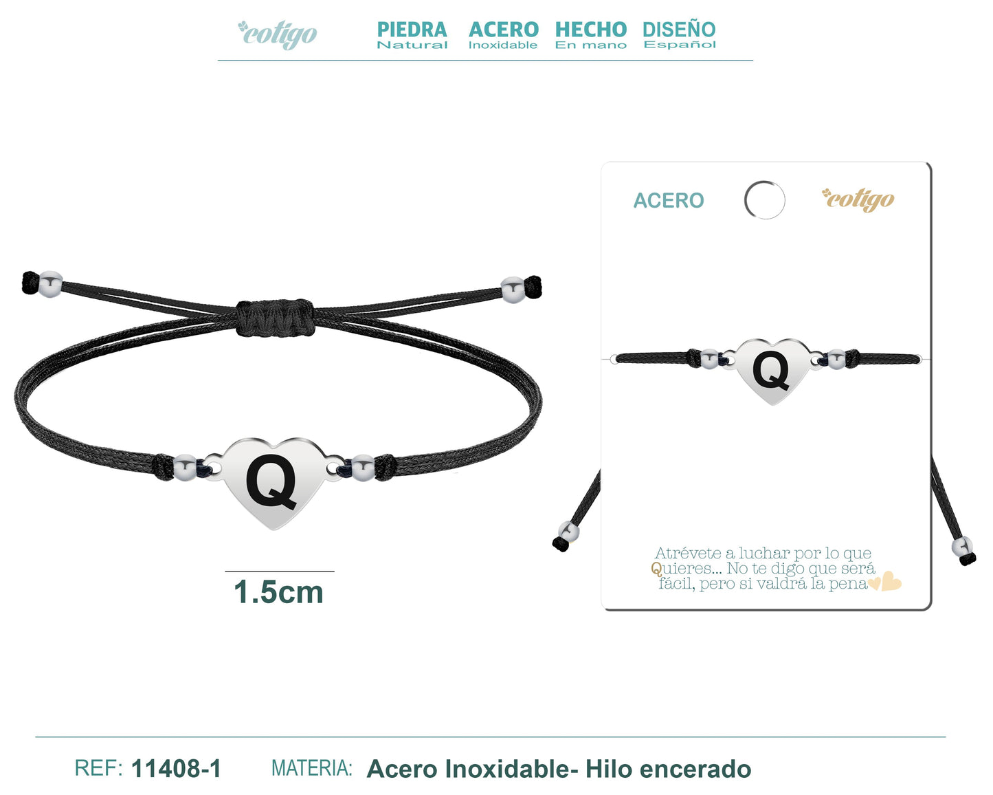 PULSERA CORAZóN ACERO CON LETRA. Q
