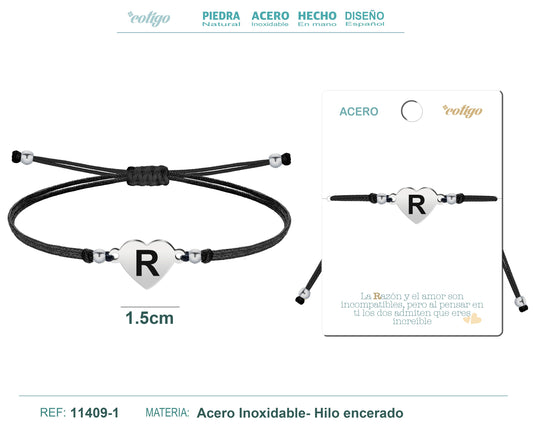 PULSERA CORAZóN ACERO CON LETRA. R
