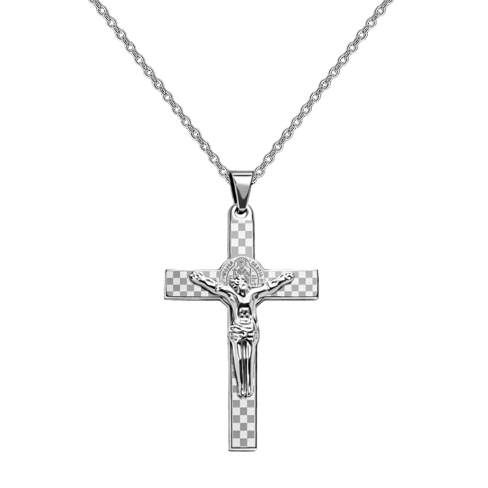 Cruz religiosa con Jesús crucificado en collar plateado con relieve devocional