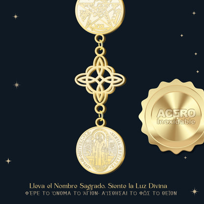 Collar Tetragramatón con Nudo de Bruja y Medalla de San Benito, Acero Inoxidable✨ Amuleto de Protección y Energía Positiva en Acero Inoxidable