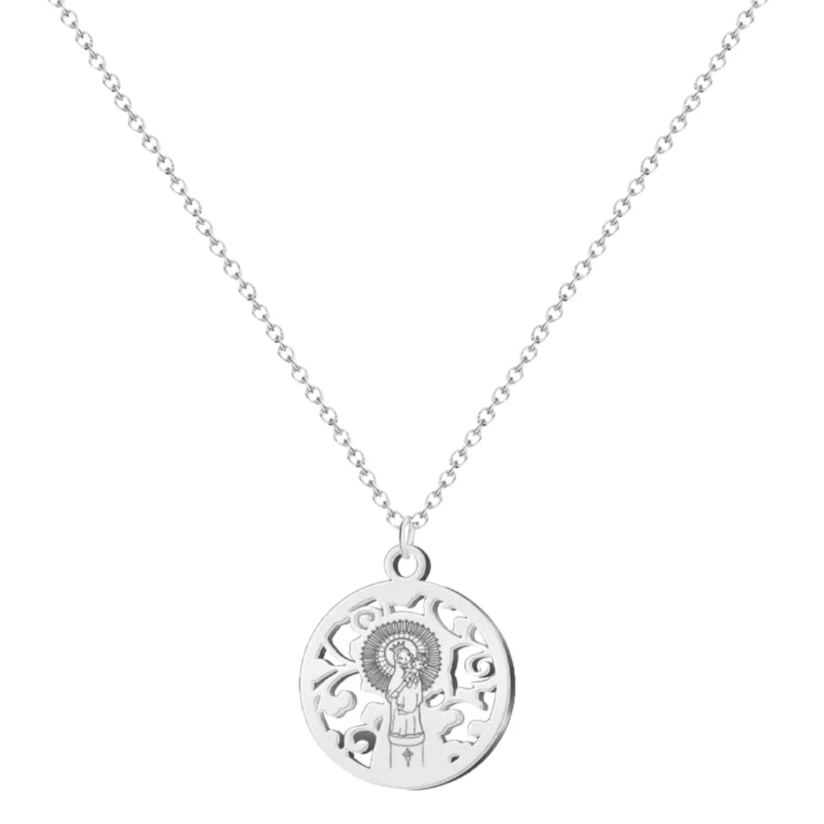 Collar plateado de acero inoxidable con colgante circular de la Virgen del Pilar. Diseño de medalla con fondo de filigrana calada y acabado brillante.