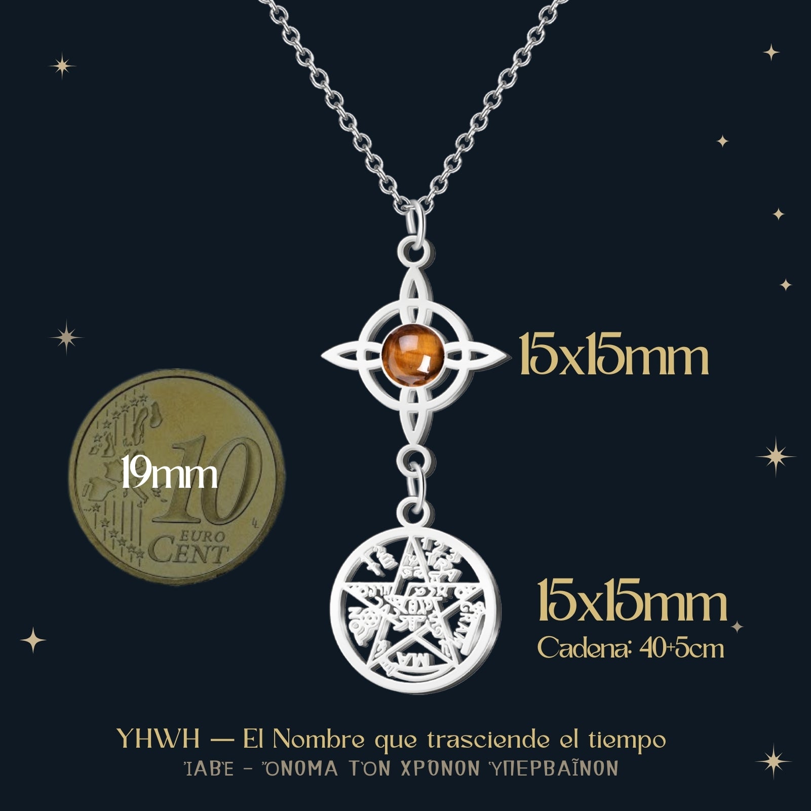 Colgante Tetragrammaton y Nudo de Bruja con Ojo de Tigre en Acero Plateado - cotigo