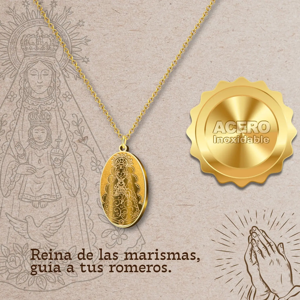 Colgante Virgen del Rocío Medalla Grabada Acero Dorado detalle