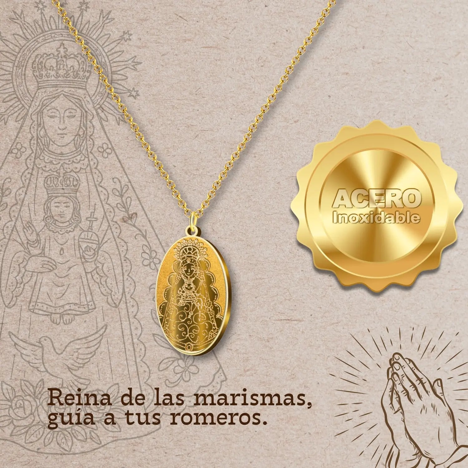 Colgante Virgen del Rocío Medalla Grabada Acero Dorado - cotigo