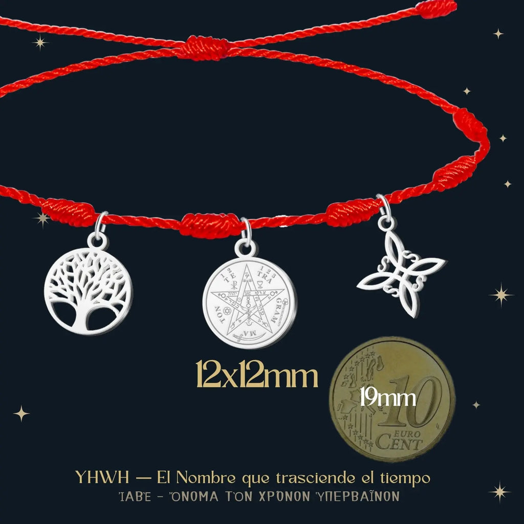 Pulsera 7 Nudos con Colgante Plateado: Tetragrammaton, Nudo de Bruja y Árbol de la Vida - cotigo
