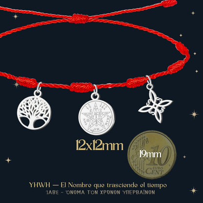 Pulsera 7 nudos con Nudo de Bruja y Tetragramatón, y Árbol de la Vida Plateado Acero Inoxidable