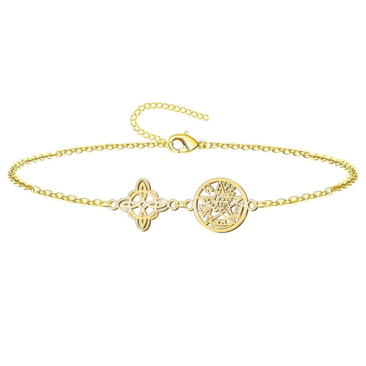 Pulsera de cadena dorada en acero inoxidable con dos dijes: el pentagrama del Tetragrámaton y el símbolo del Nudo de Bruja para protección esotérica.
