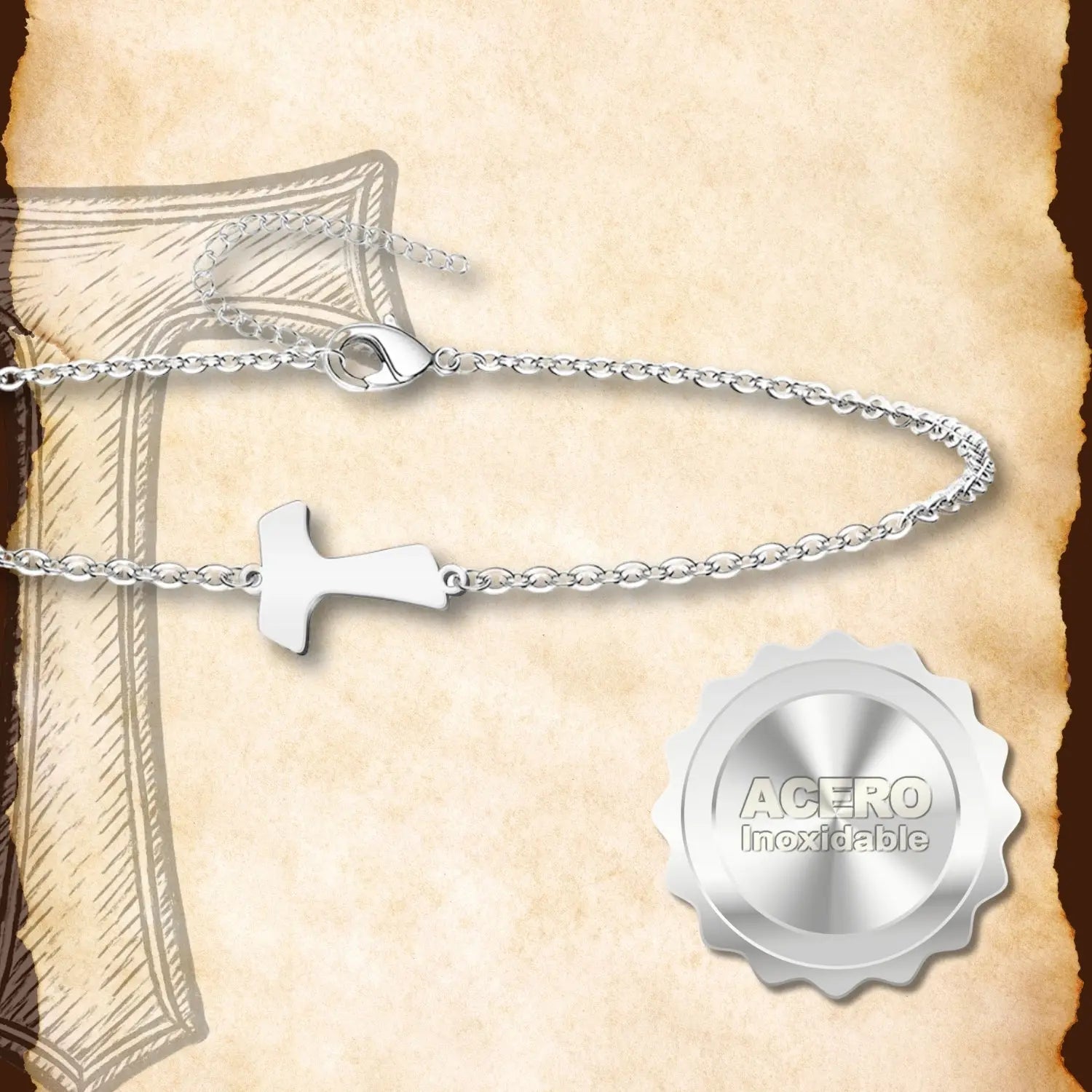 Pulsera Cruz Tau Acero inoxidable color Plateado - cotigo