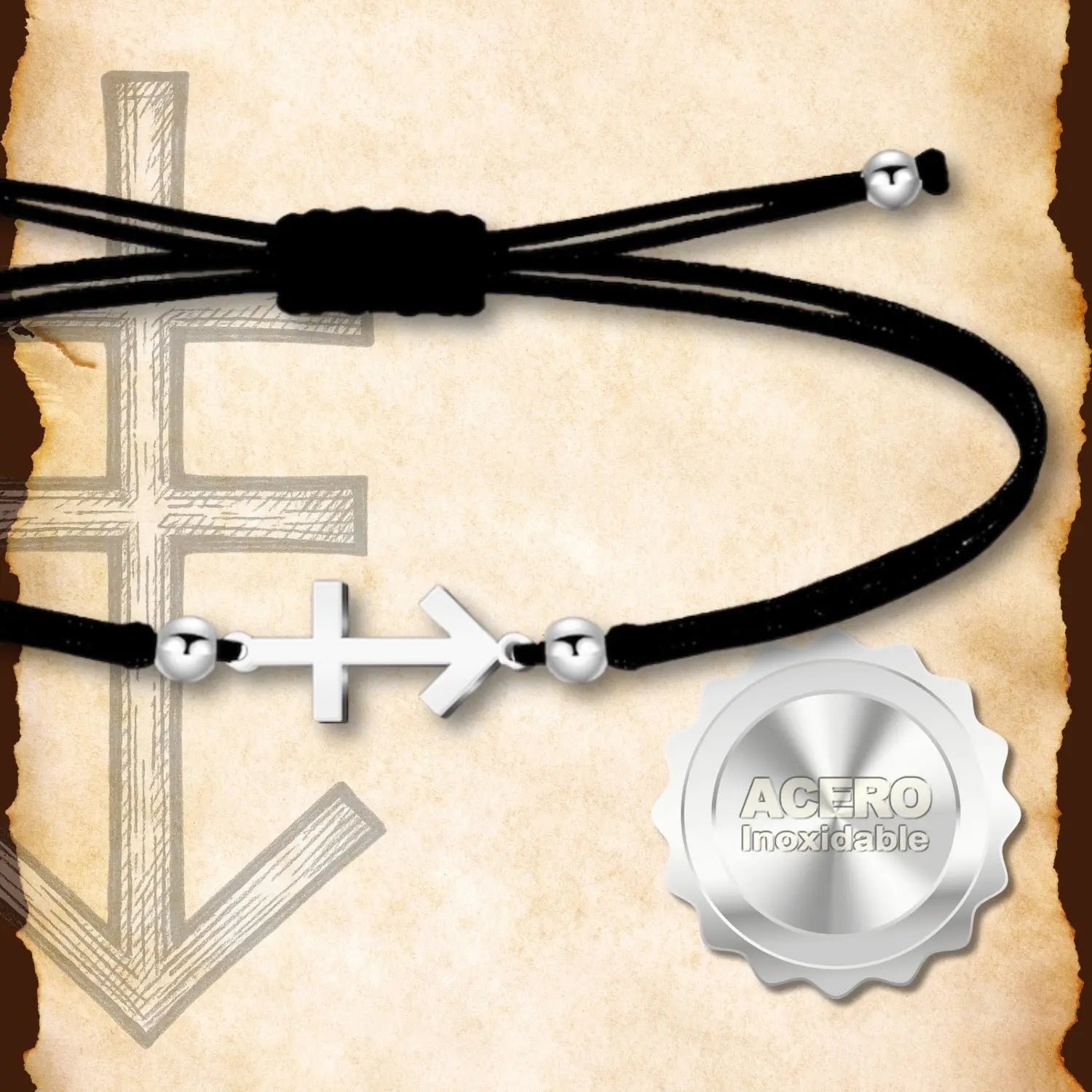 Pulsera Cruz contra el Mal Plateado de Hilo En.Negro - cotigo