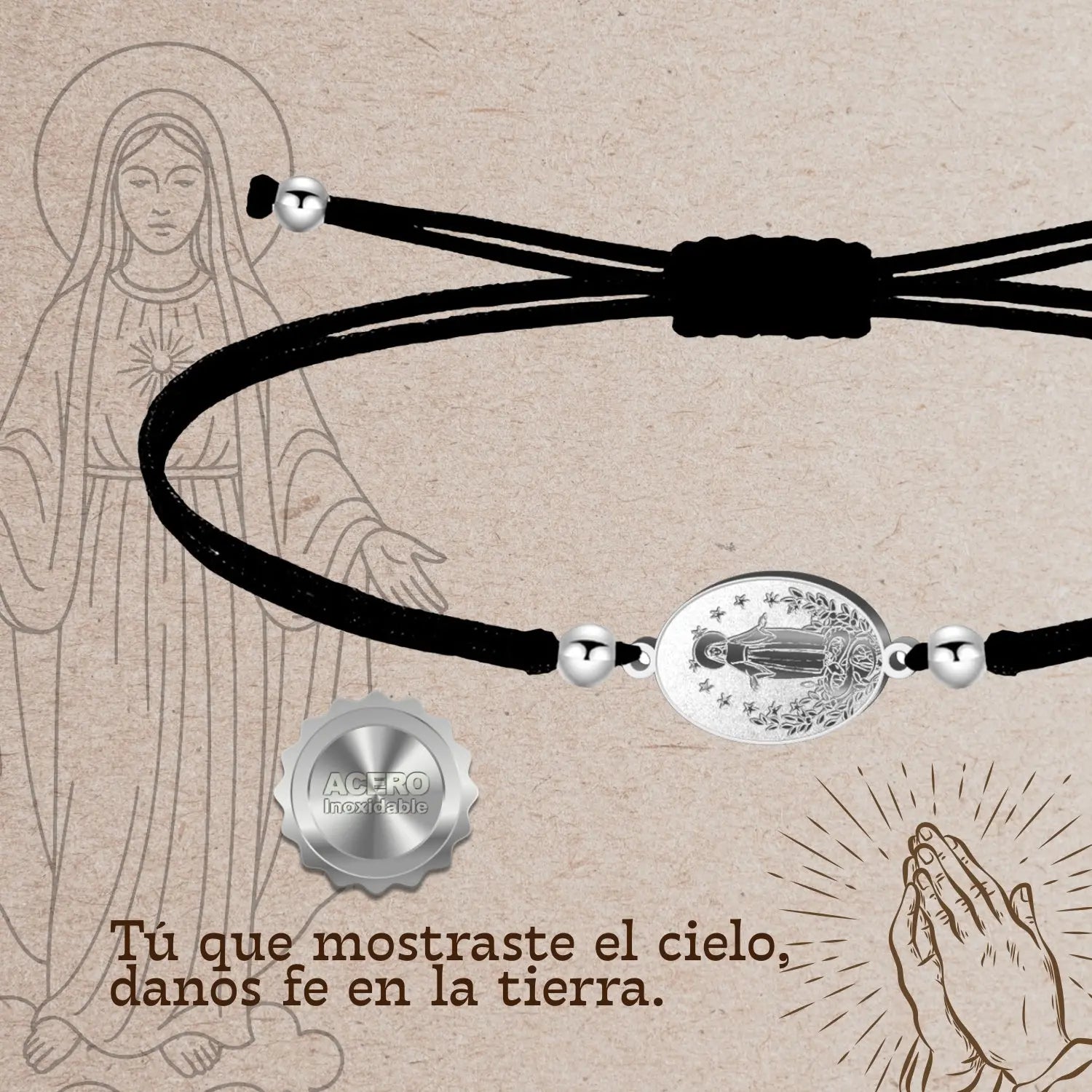 Pulsera Hilo Negro Virgen de Fátima en Acero Plateado - cotigo