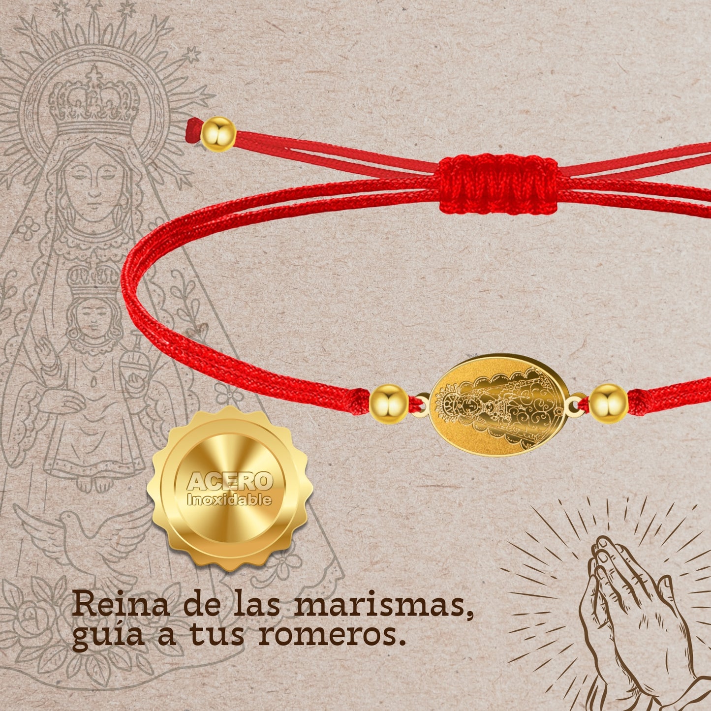 Pulsera Hilo Encerado con Virgen del Rocío color Dorado