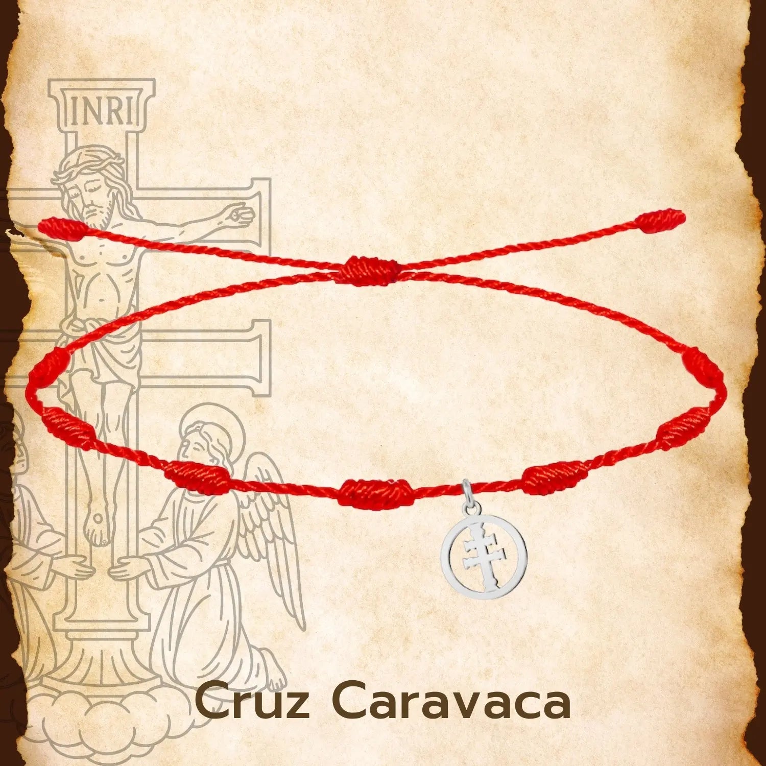 Pulsera 7 Nudos con Medalla de Cruz de Caravaca en Hilo Rojo y Acero - cotigo