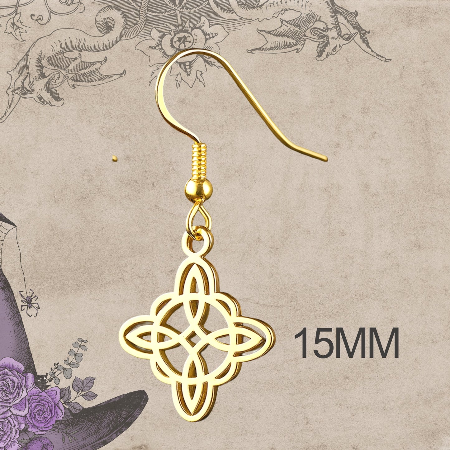 Pendientes Nudo de Bruja – Acero Inoxidable Dorado, Amuleto de Protección