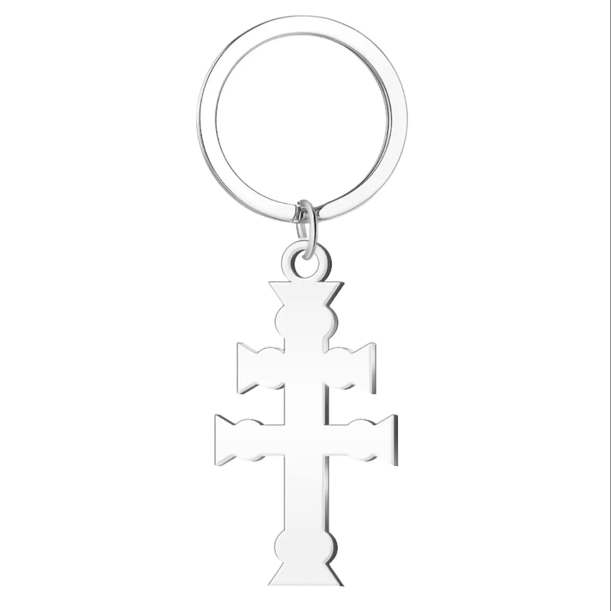 Llavero de acero inoxidable plateado con la silueta recortada de la Cruz de Caravaca y anilla resistente sobre fondo blanco
