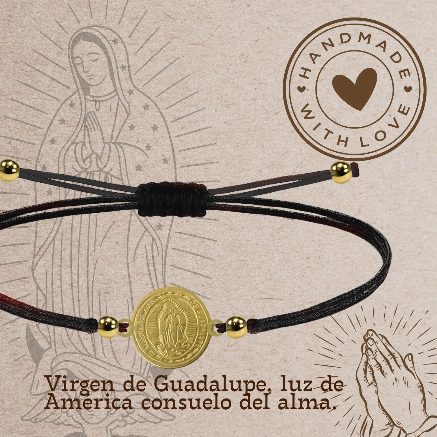 Pulsera Hilo Negro Virgen de Guadalupe en Acero Dorado - cotigo