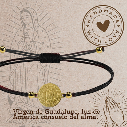 Pulsera Hilo encerado Negro-Virgen Guadalupe Dorado