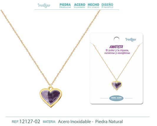 Collar Corazon Piedra Amatista Acero Dorado