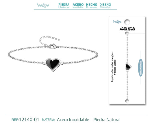 Pulsera corazon con Agata negra-Plateada