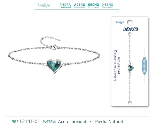 Pulsera corazon con Labratorita-Plateada
