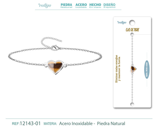 Pulsera corazon con Ojo de tigre-Plateada
