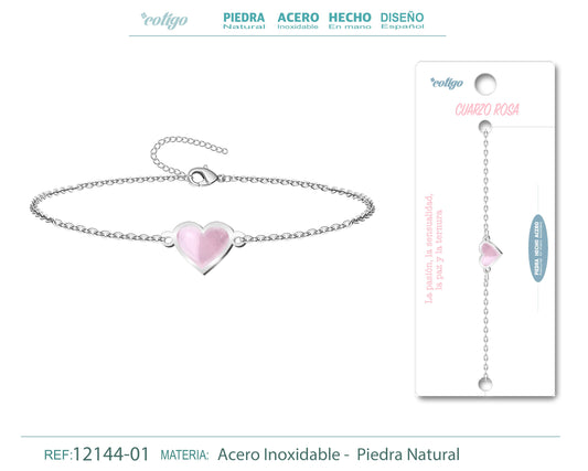 Pulsera corazon con Cuarzo rosa-Plateada