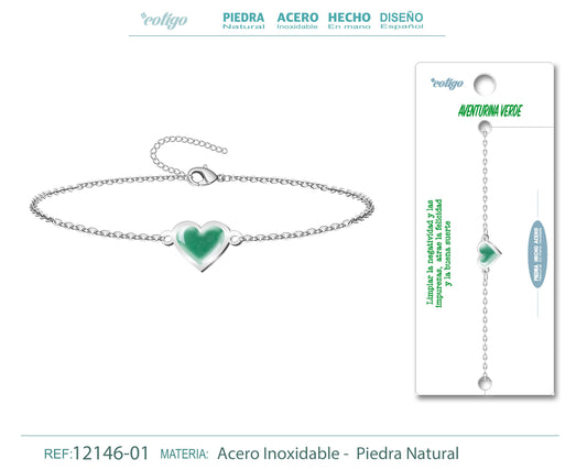 Pulsera corazon con Aventurina verde-Plateada