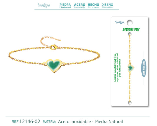 Pulsera corazon con Aventurina verde-Dorada
