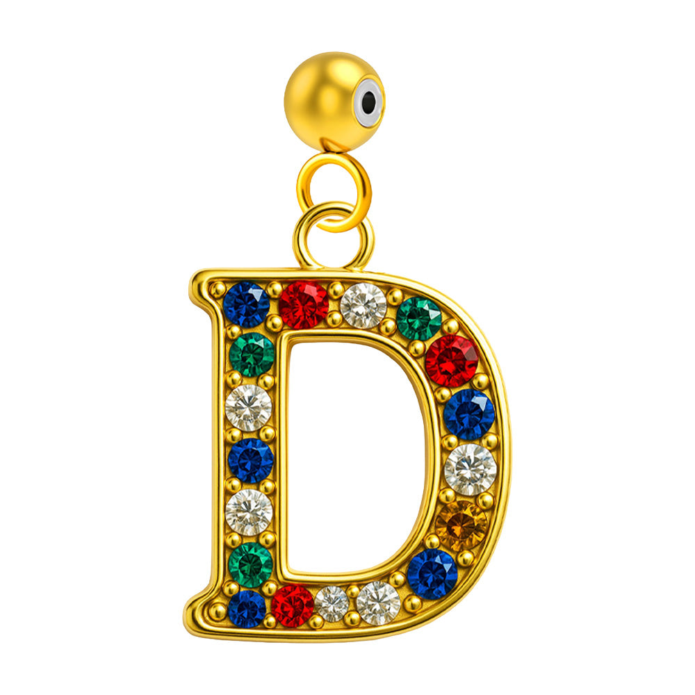 Charm colgante de letra D con detalle de circonita, acabado dorado y bola de acero con goma