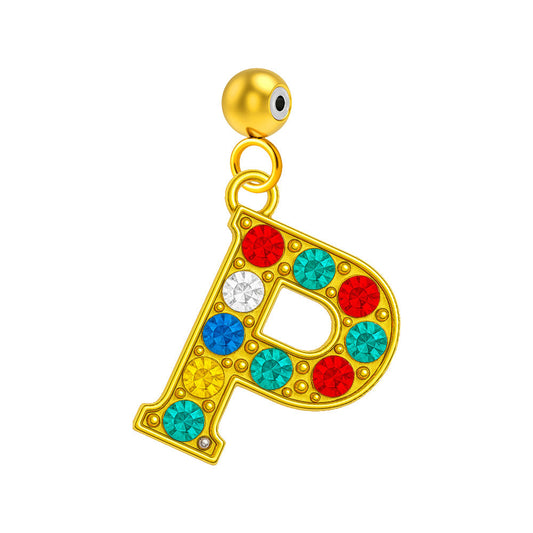 CHARM de Letra P Acero color Dorado con Circonita-con Bola de Goma